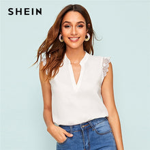 Load image into Gallery viewer, SHEIN V-Placket Lace Trim Shell Top 2019 Elegant V neck Stand Collar Summer Sleeveless Womens Tops and Blouses