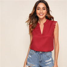 Load image into Gallery viewer, SHEIN V-Placket Lace Trim Shell Top 2019 Elegant V neck Stand Collar Summer Sleeveless Womens Tops and Blouses