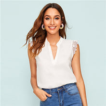 Load image into Gallery viewer, SHEIN V-Placket Lace Trim Shell Top 2019 Elegant V neck Stand Collar Summer Sleeveless Womens Tops and Blouses