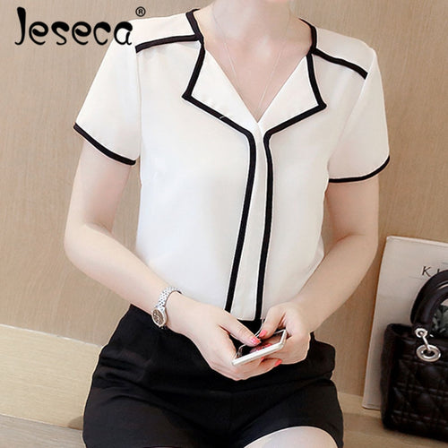 Jeseca New Women Cloth Chiffon Shirt Blouse Patchwork Female Loose Korean Short Sleeve Tops Shirt White Blouses Fit Tops