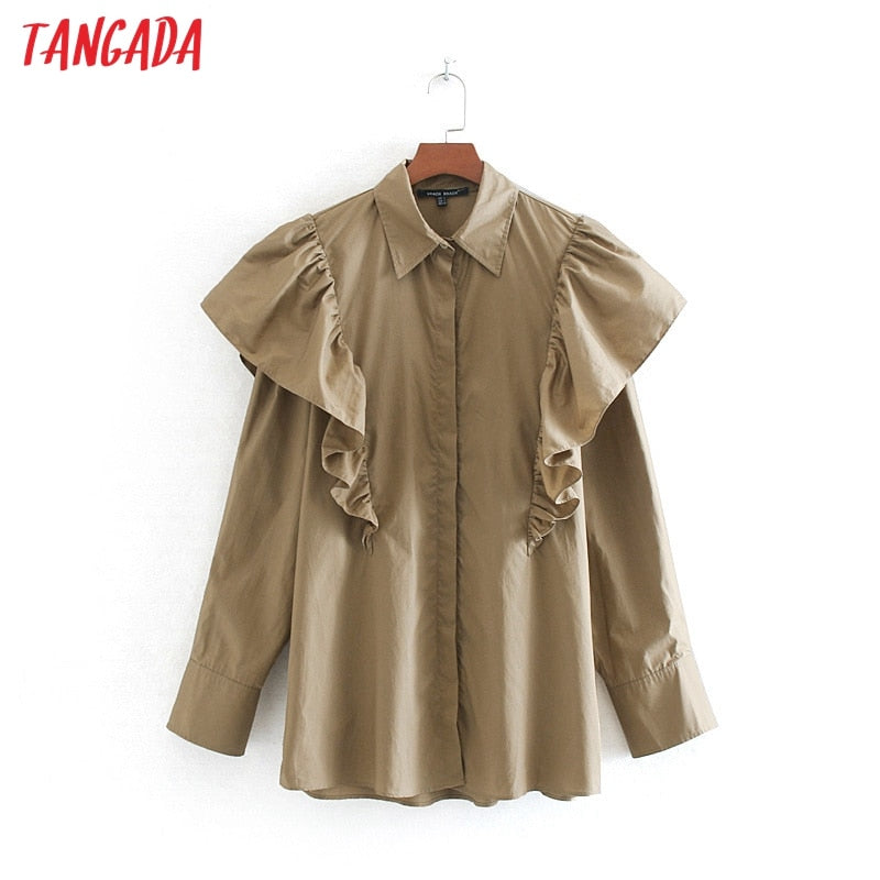 Tangada women oversize ruffle cotton blouse turn down collar long sleeve chic ruffle shirt blusas femininas CE162