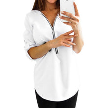 Load image into Gallery viewer, MONERFFI Zipper Short Sleeve Women Shirts Sexy V Neck Solid Women Top Blouses Casual Tee Shirt Tops Female Clothes Plus Sizes