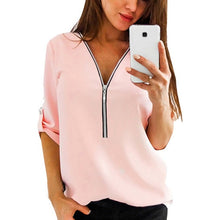 Load image into Gallery viewer, MONERFFI Zipper Short Sleeve Women Shirts Sexy V Neck Solid Women Top Blouses Casual Tee Shirt Tops Female Clothes Plus Sizes