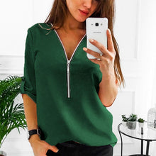 Load image into Gallery viewer, MONERFFI Zipper Short Sleeve Women Shirts Sexy V Neck Solid Women Top Blouses Casual Tee Shirt Tops Female Clothes Plus Sizes