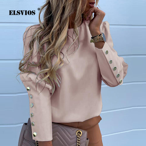2019 Work Wear Women Blouses Long Sleeve Back Metal Buttons Shirt Casual O Neck Solid Plus Size Tops Autumn Blouse Drop Shipping