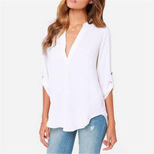 Load image into Gallery viewer, Women Solid Color Folded Sleeve Chiffon V-neck Blouse Pleated Long Sleeves Loose Chiffon Shirt for Women Tops 5XL
