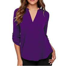 Load image into Gallery viewer, Women Solid Color Folded Sleeve Chiffon V-neck Blouse Pleated Long Sleeves Loose Chiffon Shirt for Women Tops 5XL
