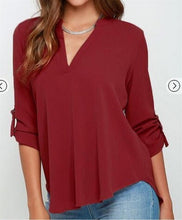 Load image into Gallery viewer, Women Solid Color Folded Sleeve Chiffon V-neck Blouse Pleated Long Sleeves Loose Chiffon Shirt for Women Tops 5XL