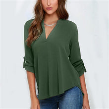 Load image into Gallery viewer, Women Solid Color Folded Sleeve Chiffon V-neck Blouse Pleated Long Sleeves Loose Chiffon Shirt for Women Tops 5XL