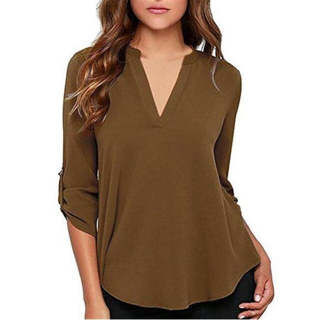 Women Solid Color Folded Sleeve Chiffon V-neck Blouse Pleated Long Sleeves Loose Chiffon Shirt for Women Tops 5XL
