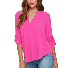 Load image into Gallery viewer, Women Solid Color Folded Sleeve Chiffon V-neck Blouse Pleated Long Sleeves Loose Chiffon Shirt for Women Tops 5XL