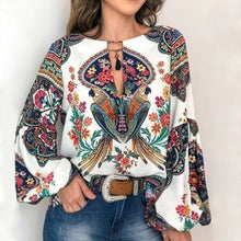 Load image into Gallery viewer, MoneRiff 2019 Casual Vintage Shirt Blouse Women Printed Lantern Sleeve Plus Size Womens Tops Loose V Neck Blusas Mujer De Moda