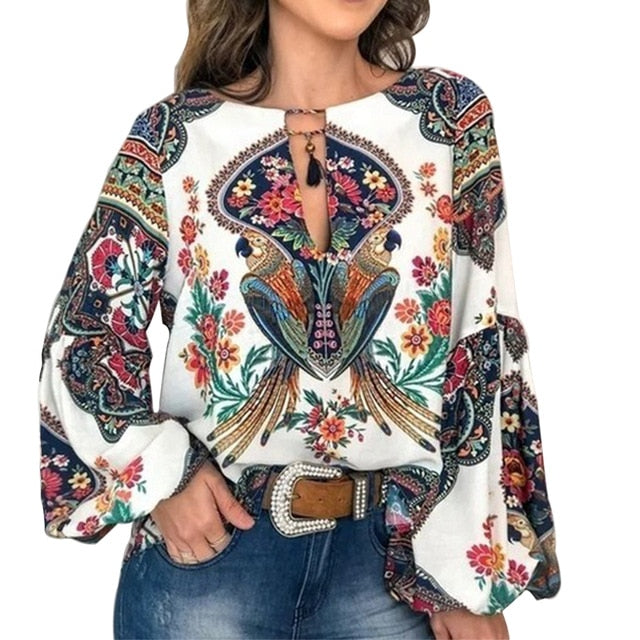 MoneRiff 2019 Casual Vintage Shirt Blouse Women Printed Lantern Sleeve Plus Size Womens Tops Loose V Neck Blusas Mujer De Moda