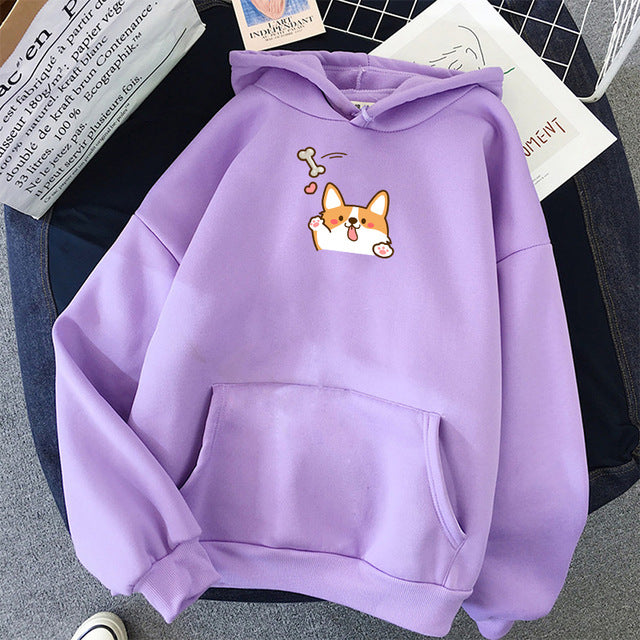 Winter Women Corgi Dog Print Kawaii Hoodies O Neck Plus Velvet Solid Colors Sweatshirt Japanese Harajuku Style Autumn Pullover