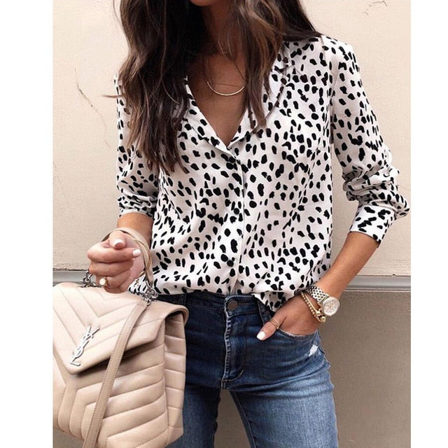 Fashion Women Long Sleeve Leopard Blouse V neck Shirt Ladies OL Party Top Dames Streetwear blusas femininas elegante Plus Size