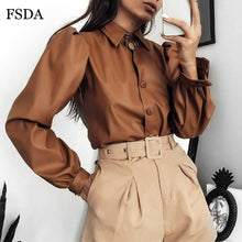 Load image into Gallery viewer, FSDA Long Puff Sleeve Turn Down Collar Women Shirt Button Faux Leather Elegant Fashion Autumn Winter Casual Brown Blouse Tops