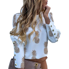 Load image into Gallery viewer, Elegant New Puff Shoulder Blouse Shirts Office Lady Autumn Metal Buttoned Detail Blouses Women Pineapple Print Long Sleeve Tops