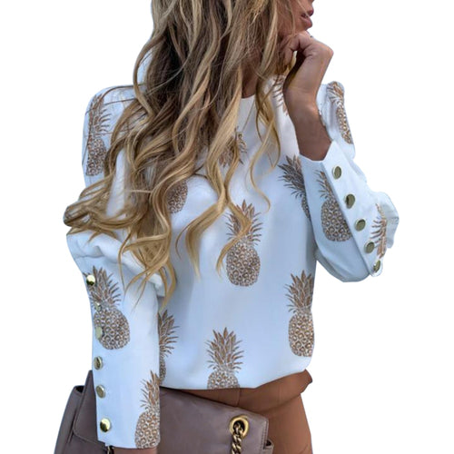 Elegant New Puff Shoulder Blouse Shirts Office Lady Autumn Metal Buttoned Detail Blouses Women Pineapple Print Long Sleeve Tops