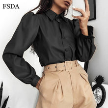 Load image into Gallery viewer, FSDA Long Puff Sleeve Turn Down Collar Women Shirt Button Faux Leather Elegant Fashion Autumn Winter Casual Brown Blouse Tops