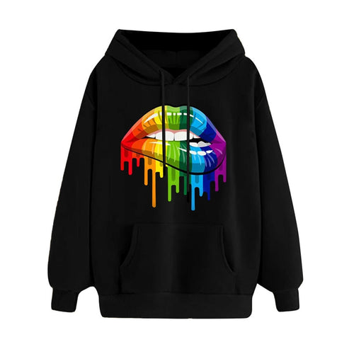 Casual Loose Lip Print Rainbow Women Hoodies 2019 Pullover Sweatshirt Autumn Winter Female Streetwear Vintage Hooded Tops