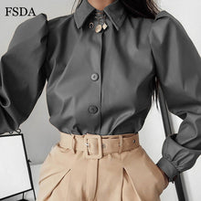 Load image into Gallery viewer, FSDA Long Puff Sleeve Turn Down Collar Women Shirt Button Faux Leather Elegant Fashion Autumn Winter Casual Brown Blouse Tops