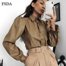 Load image into Gallery viewer, FSDA Long Puff Sleeve Turn Down Collar Women Shirt Button Faux Leather Elegant Fashion Autumn Winter Casual Brown Blouse Tops