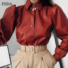 Load image into Gallery viewer, FSDA Long Puff Sleeve Turn Down Collar Women Shirt Button Faux Leather Elegant Fashion Autumn Winter Casual Brown Blouse Tops