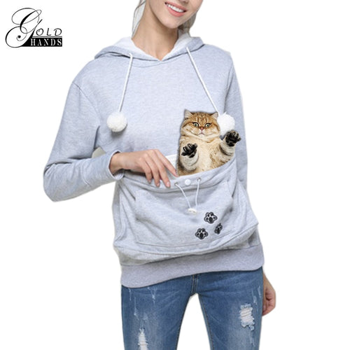 Gold Hands Kangaroo Pocket Sweatshirts Women Hooded With Cat Ear Pullovers Carry Pet Keep Warm for Little Cat and Dog