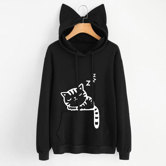 2019 Autumn Winter Hooded Hoodies Women Kawaii Cat Ear Loose Casual Streetwear Long Sleeve Warm Outerwear Pullover Sweatshirts
